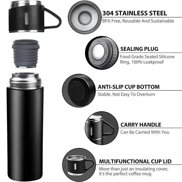 3-Cup 500ml Double-Layer Stainless Steel Vacuum Flask Set