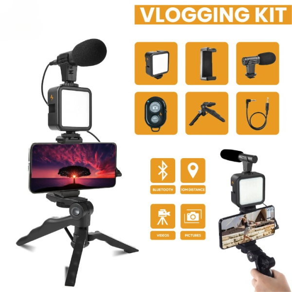 AY-49 Vlogger Kit: Microphone, LED Light, Tripod & Phone Holder