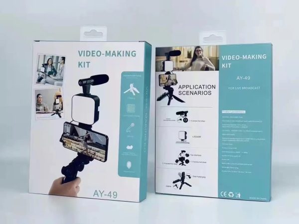 AY-49 Vlogger Kit: Microphone, LED Light, Tripod & Phone Holder