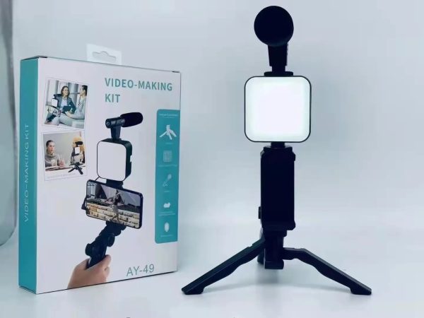 AY-49 Vlogger Kit: Microphone, LED Light, Tripod & Phone Holder