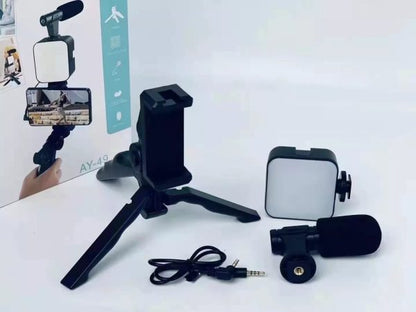 AY-49 Vlogger Kit: Microphone, LED Light, Tripod & Phone Holder